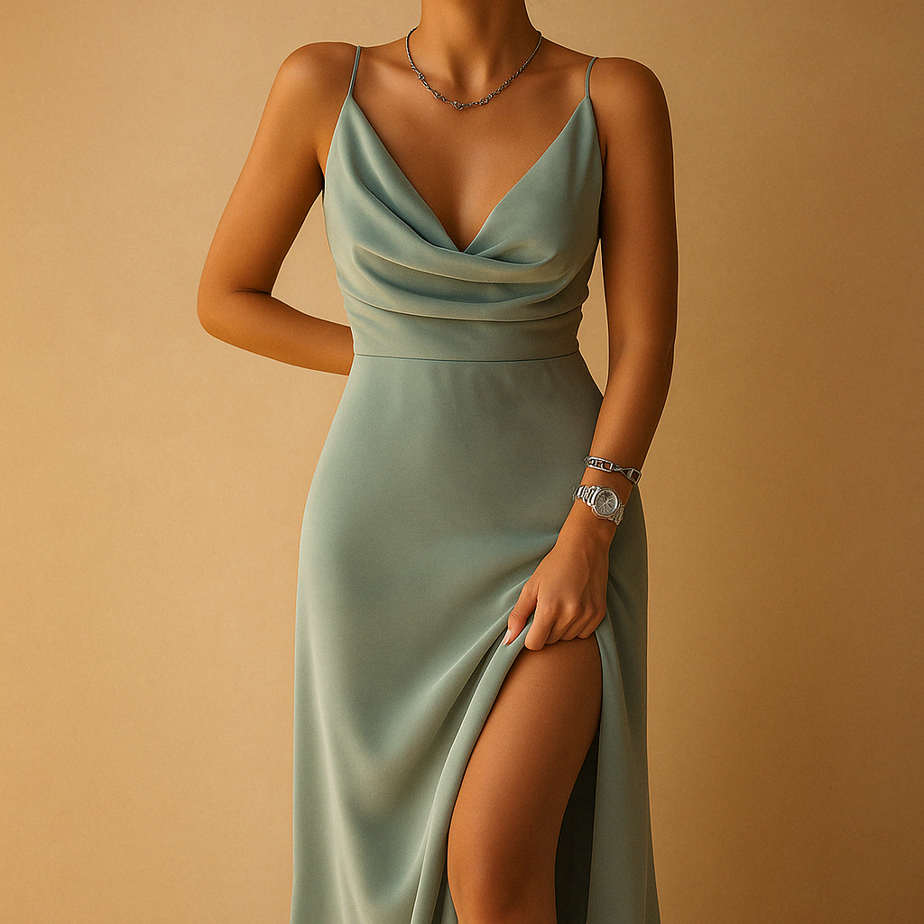 Elegant maxi dress with V-neck for women, featuring a flowy fit and refined design, perfect for weddings, galas, and formal occasions.