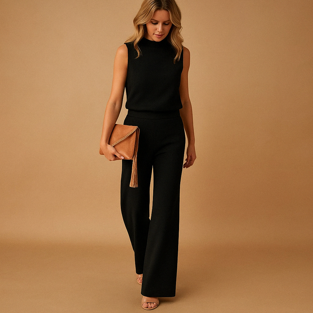 Elegant wide-leg jumpsuit for women with round neckline and flattering mid-waist fit, perfect for work, evenings out, and formal occasions.