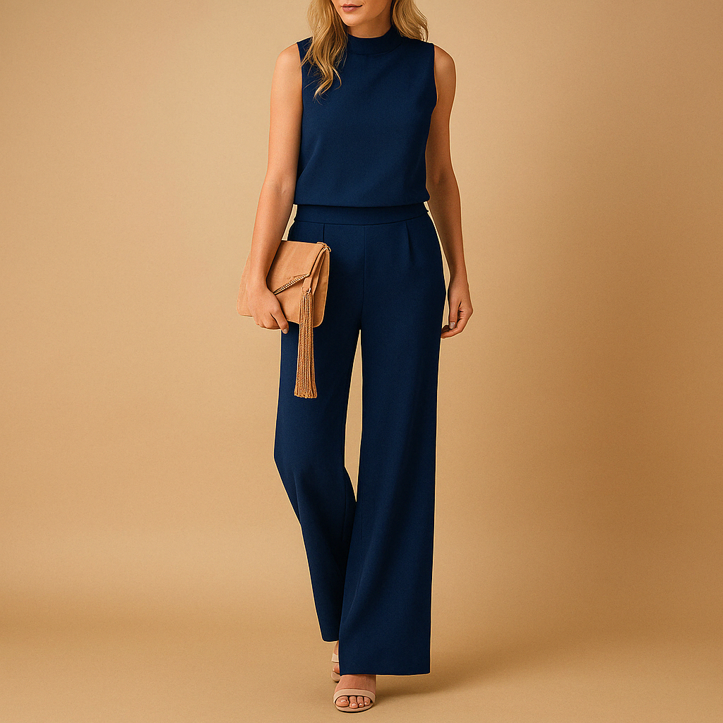 Elegant wide-leg jumpsuit for women with round neckline and flattering mid-waist fit, perfect for work, evenings out, and formal occasions.
