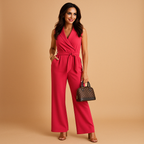 Elegant wrap jumpsuit for women with flattering tailored fit and wide-leg design, perfect for formal events, business meetings, or evening occasions.