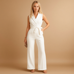 Elegant wrap jumpsuit for women with flattering tailored fit and wide-leg design, perfect for formal events, business meetings, or evening occasions.