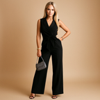 Elegant wrap jumpsuit for women with flattering tailored fit and wide-leg design, perfect for formal events, business meetings, or evening occasions.