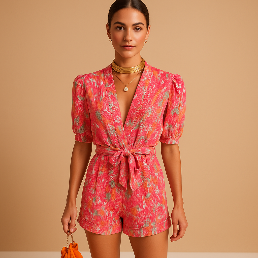 Floral short jumpsuit for women with lightweight fabric and belted waist, perfect for summer days, vacations, and casual evening outings.