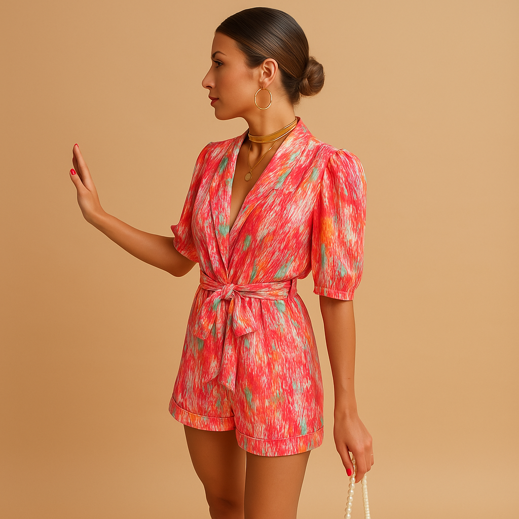 Floral short jumpsuit for women with lightweight fabric and belted waist, perfect for summer days, vacations, and casual evening outings.