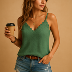 Lace V-neck sleeveless top for women with thin straps and delicate lace details, perfect for work, casual days, or summer outings.