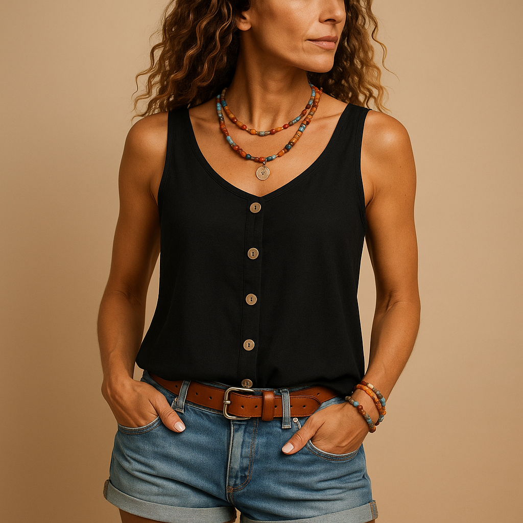 Sleeveless V-neck summer top for women in vibrant colors with relaxed fit, perfect for casual warm days and stylish outfits.