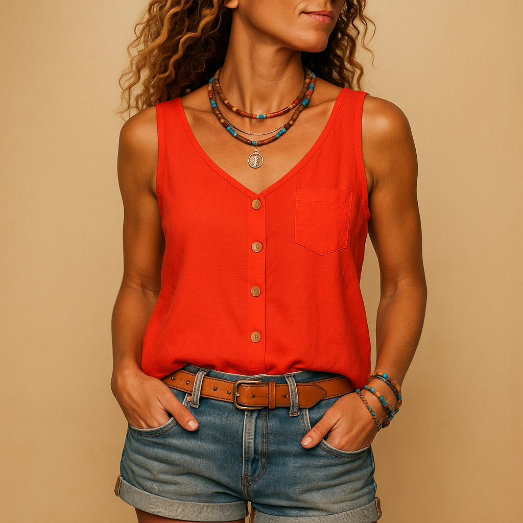 Sleeveless V-neck summer top for women in vibrant colors with relaxed fit, perfect for casual warm days and stylish outfits.