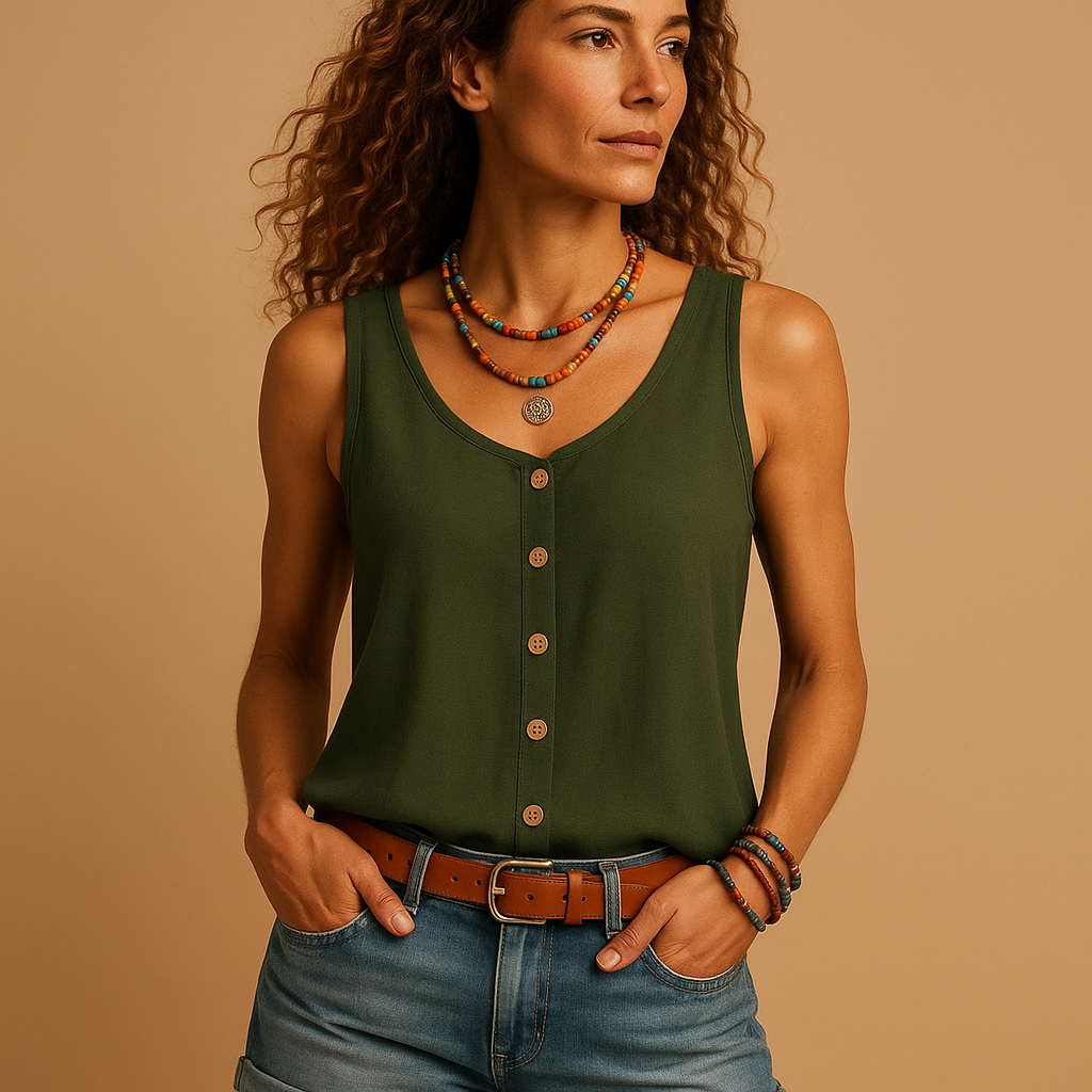 Sleeveless V-neck summer top for women in vibrant colors with relaxed fit, perfect for casual warm days and stylish outfits.
