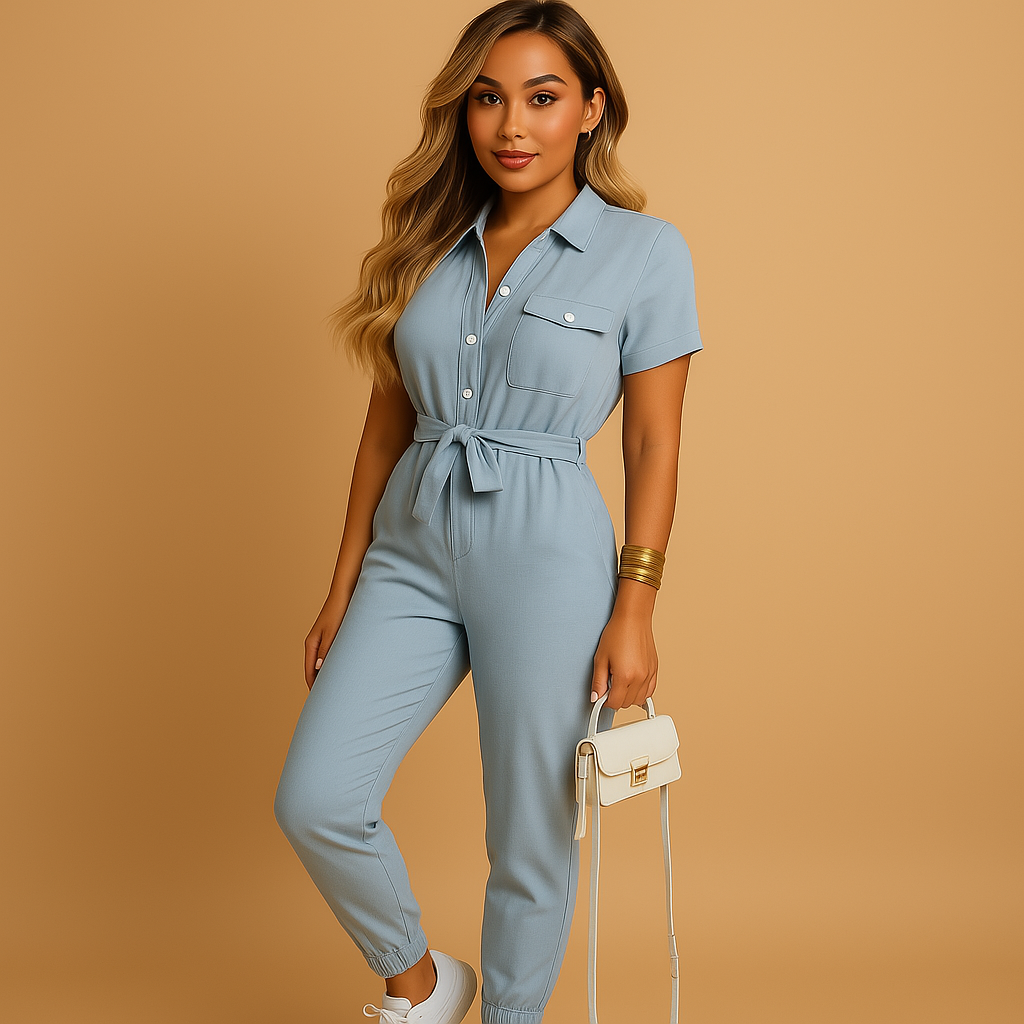 Tailored button jumpsuit for women with flattering fitted design and elegant detailing, perfect for work, dinners, and social occasions.
