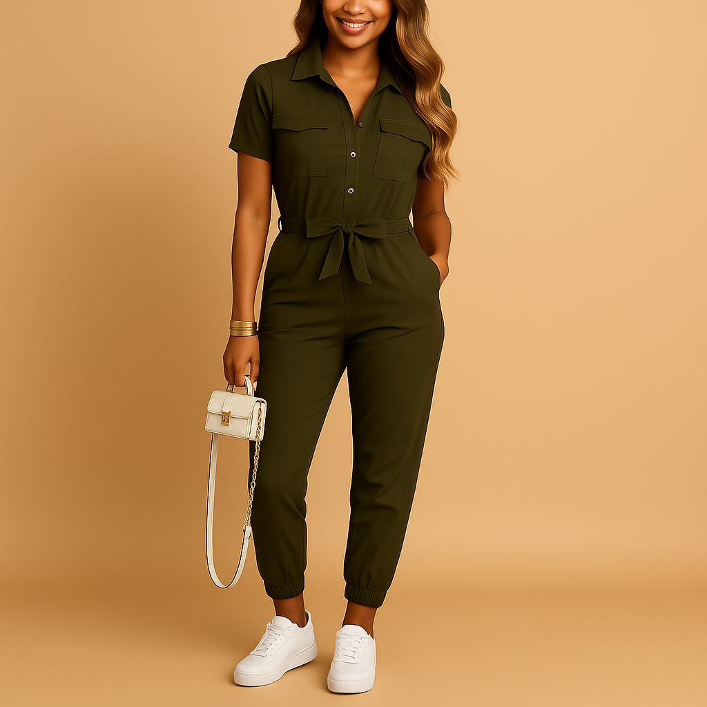 Tailored button jumpsuit for women with flattering fitted design and elegant detailing, perfect for work, dinners, and social occasions.