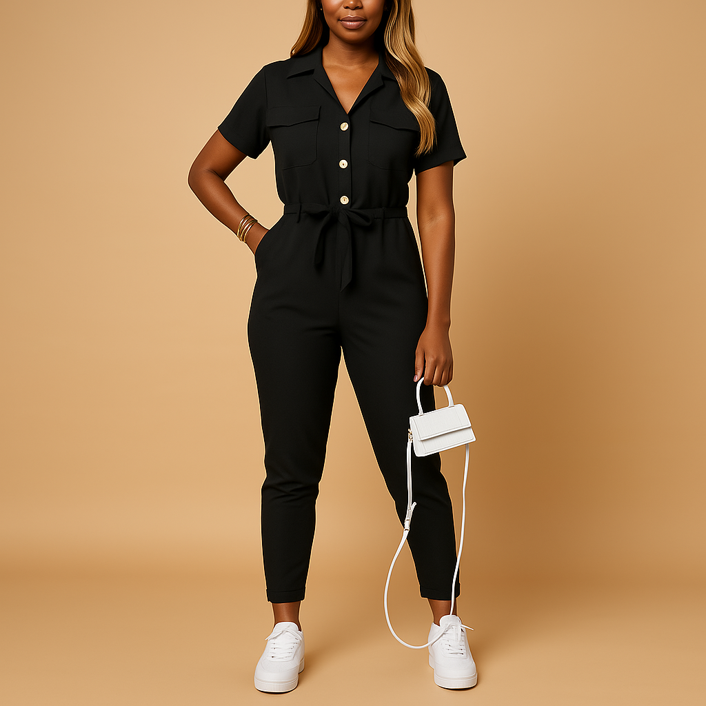 Tailored button jumpsuit for women with flattering fitted design and elegant detailing, perfect for work, dinners, and social occasions.